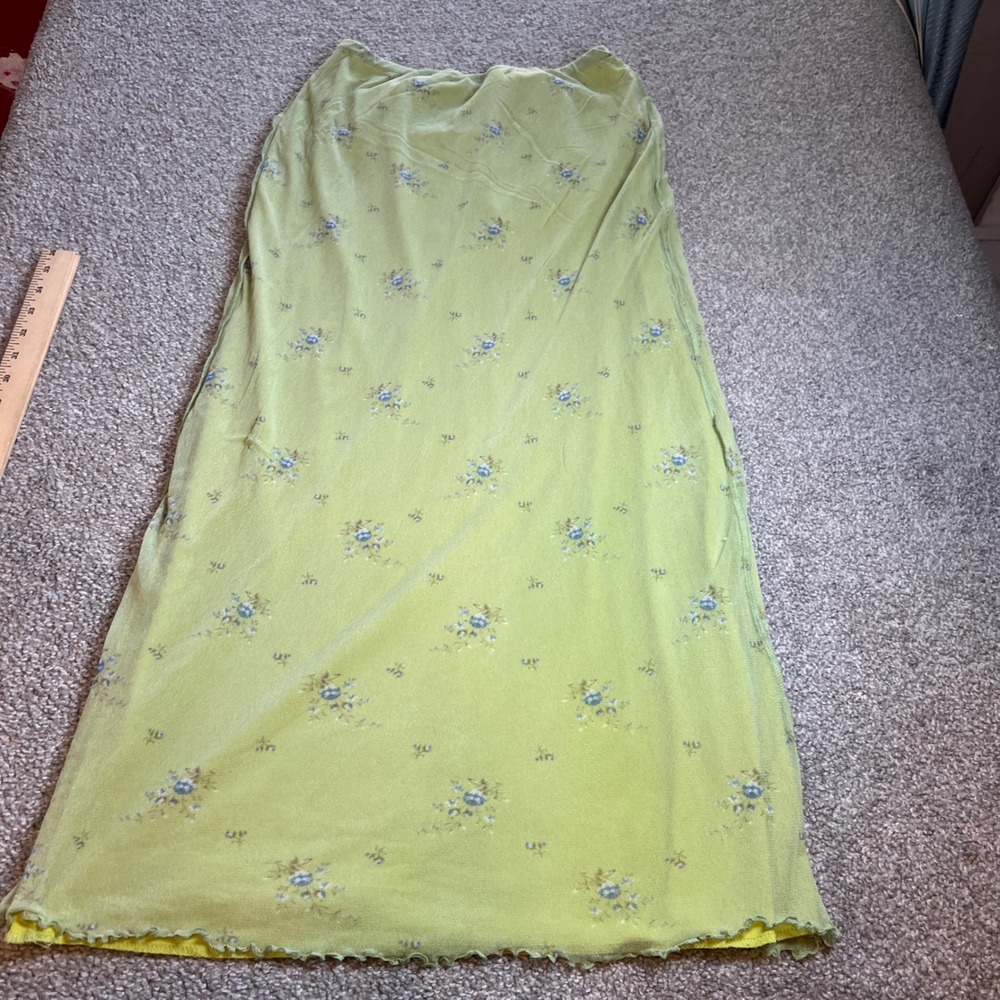 vintage y2k Floral Mesh Maxi Skirt Womens L Lime Green Lettuce Edge Cottagecore - Picture 7 of 11